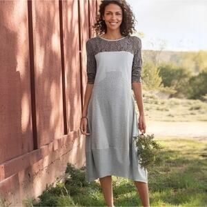 Sundance Manette Lace Sleeve Midi Dress Sz Large Light Gray Stretchy Knit Boho